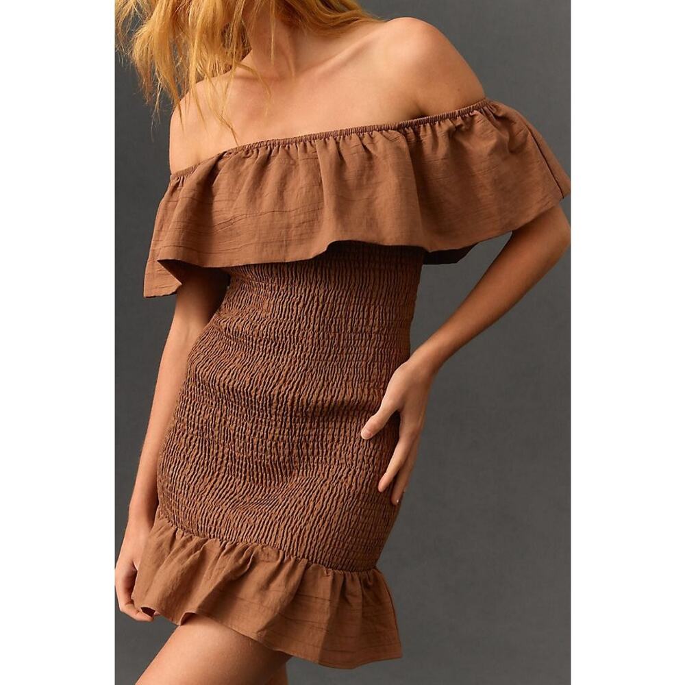 By Anthropologie Off the Shoulder Smocked Ruffle Mini Dress — Rum Raisin (Brown)